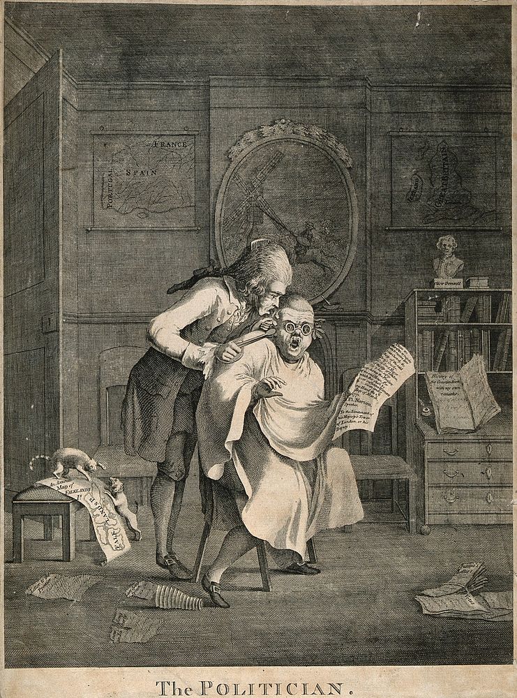A French hair-dresser (his nationality indicated by his bag-wig and ruffles) applying tongs to the hair of his seated…