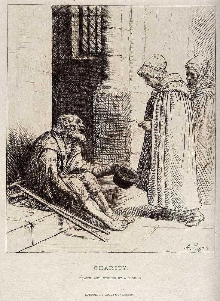 An old man with two crutches is sitting on the steps of a church begging for alms from two women entering the church.…