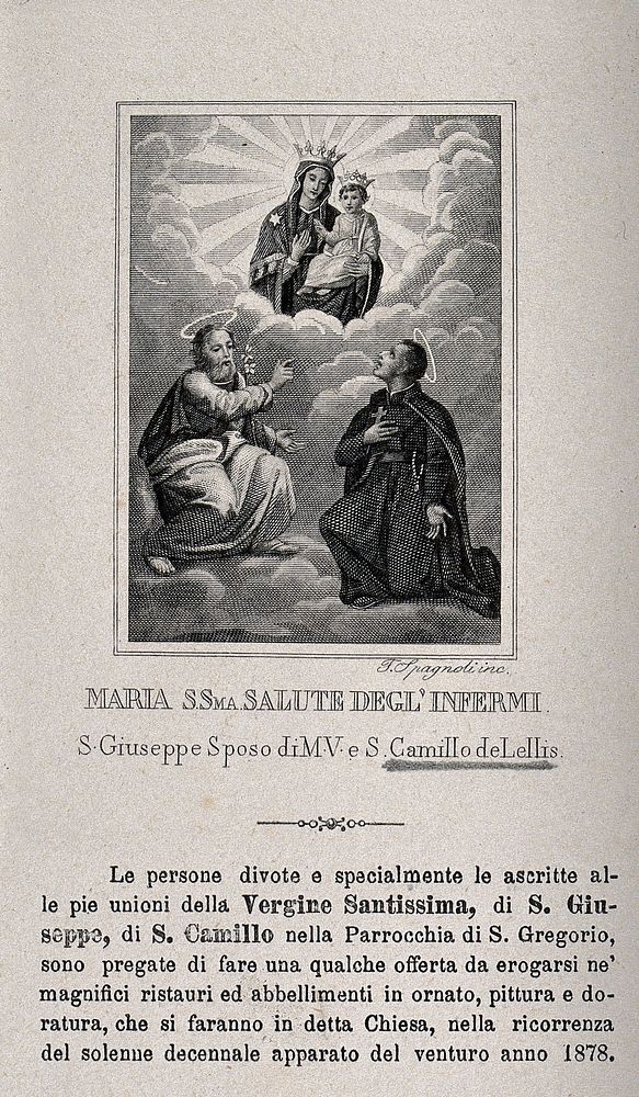 Saint Mary (the Blessed Virgin) and the Christ Child with Saint Camillus de Lellis and Saint Joseph. Engraving by F.…