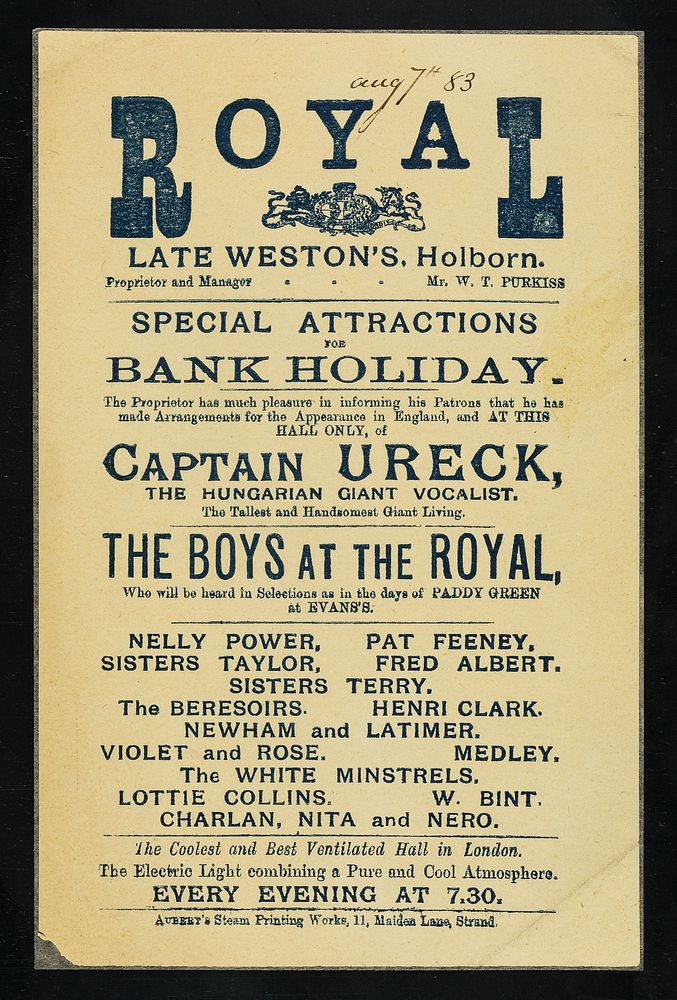 [Leaflet advertising appearances by Captain Ureck, the Hungarian giant vocalist and a bill of many others at the Royal…