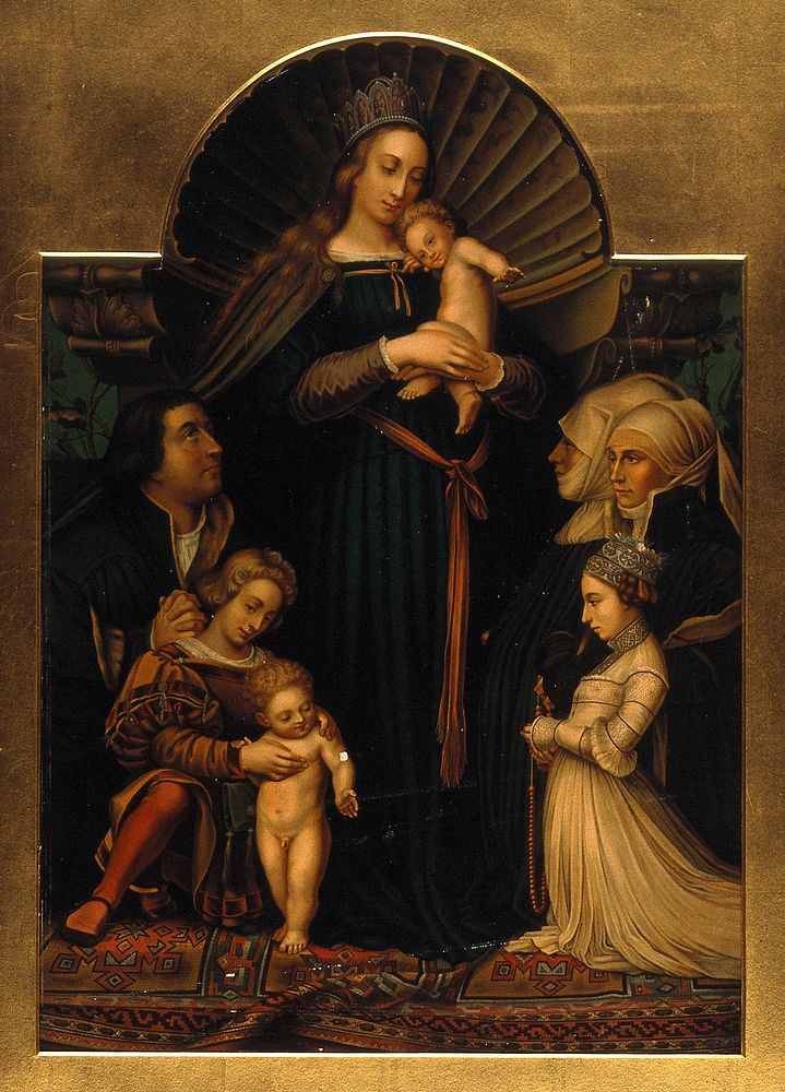 Saint Mary (the Blessed Virgin) with the Christ Child and members of the Meyer family as donors. Colour lithograph by C.…