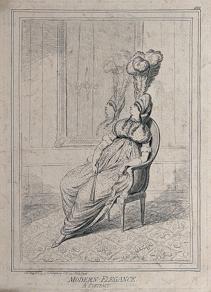 Lady Charlotte Campbell reclining in a chair in front of a mirror: she is wearing a hat decorated with an enormous feather…