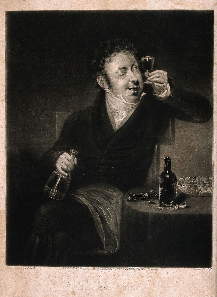 A man sits by a table and examines a full glass of wine that he holds to the light. Mezzotint by H. Dawe, c. 1824, after M.…