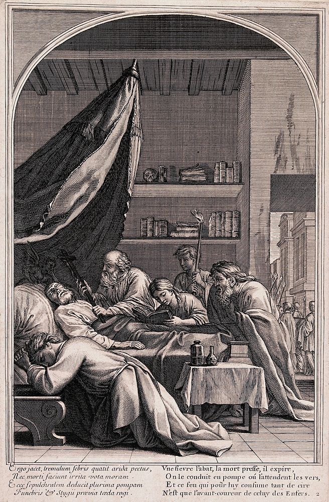 A dying man in bed is surrounded by a group of people praying for him. Etching.