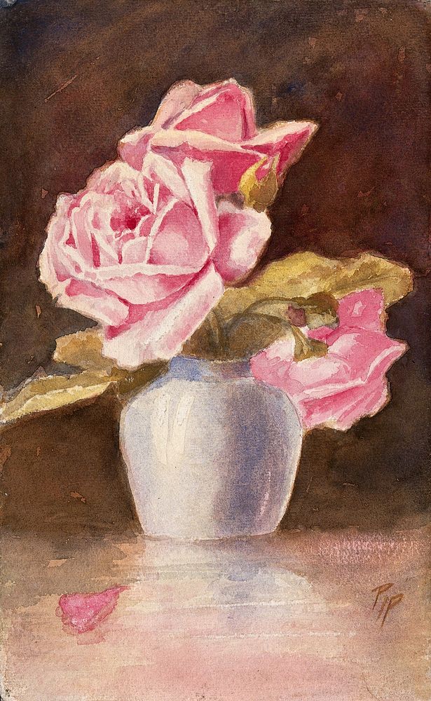 Pink roses in a vase. Watercolour by Pip.