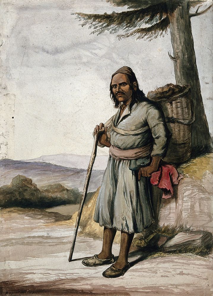 A man of Simla, standing with a panier on his back. Watercolour by R. Clint, 1866.