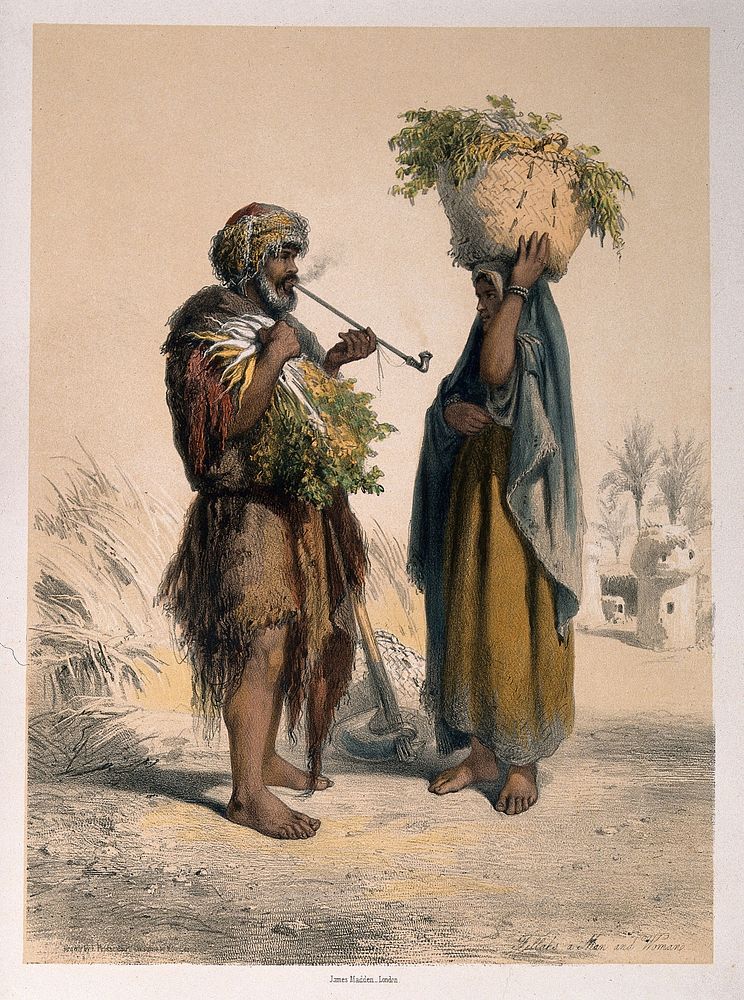Two Egyptian peasants, the man smokes a pipe and the woman has a basket on her head. Coloured lithograph by A. Mouilleron…