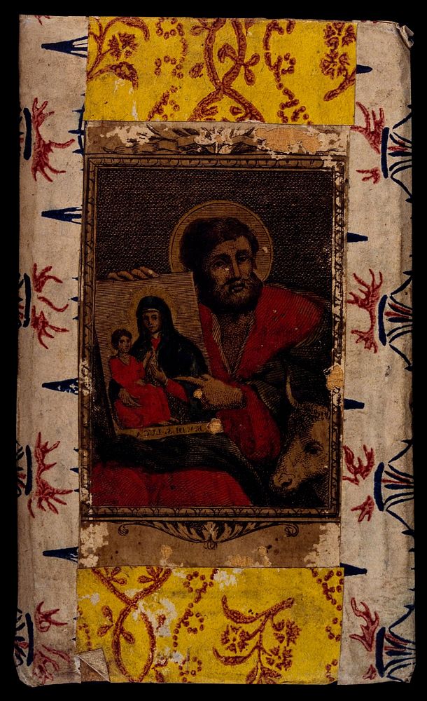 Saint Luke, showing his painting of the Virgin. Coloured etching.