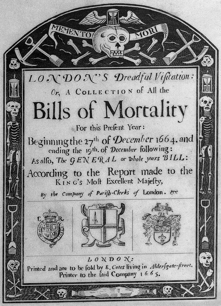 Title page to a statistical analysis of mortality during the plague epidemic in London of 1665. Etching, 18--.
