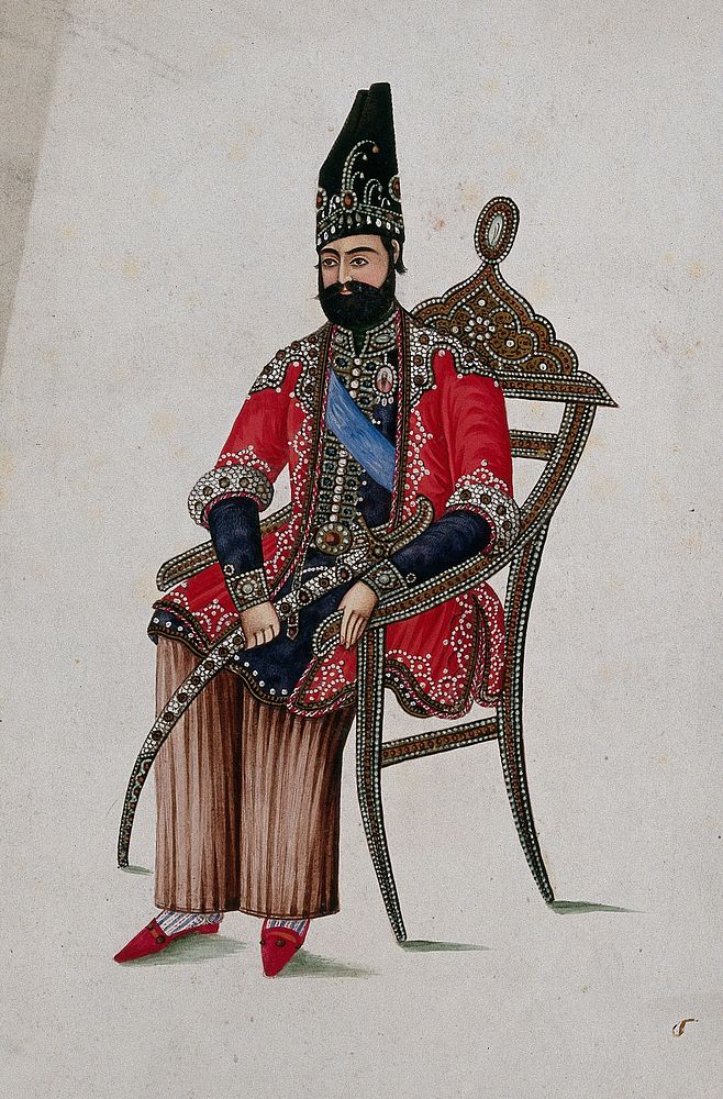 An unidentified Qajar monarch in ceremonial dress with sword, seated on a gold chair. Gouache painting by a Persian artist…
