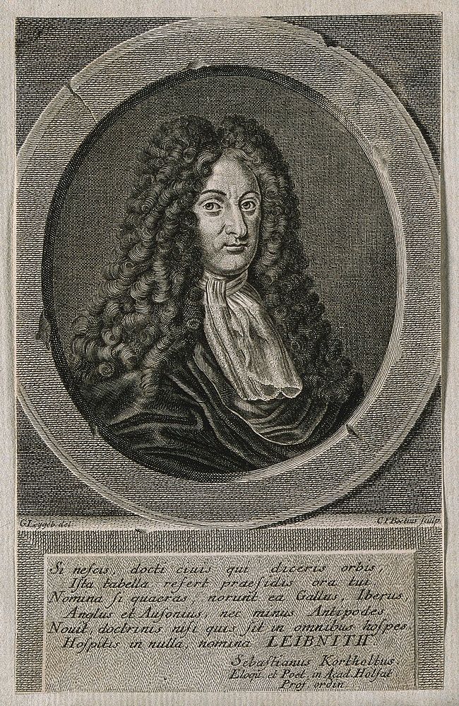 Gottfried Wilhelm, Baron von Leibniz. Line engraving by C. F. Boetius after G. Leygeb.