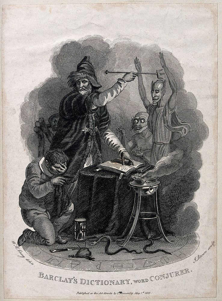 A conjurer casting spells with his wand and fire surrounded by a kneeling man and demons within the magic circle. Engraving…