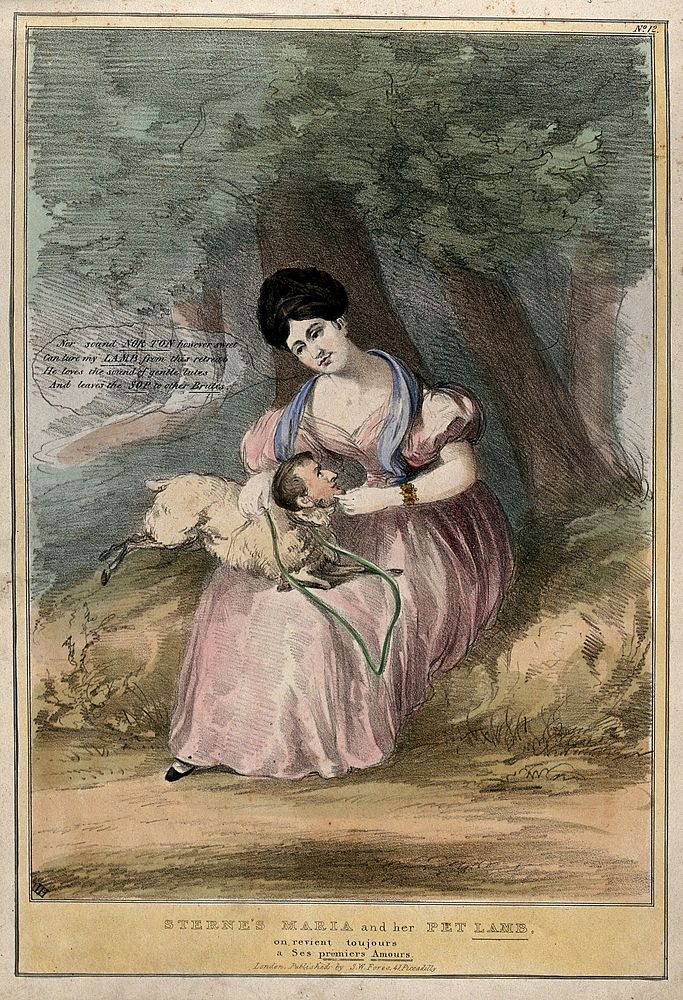 A woman as Maria holds a pet lamb in her lap; representing Caroline Norton and her relationship with William Lamb, Lord…