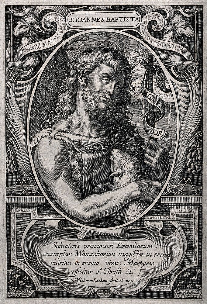 Saint John the Baptist in the wilderness, holding a lamb and a cross. Engraving by M. van Lochom.