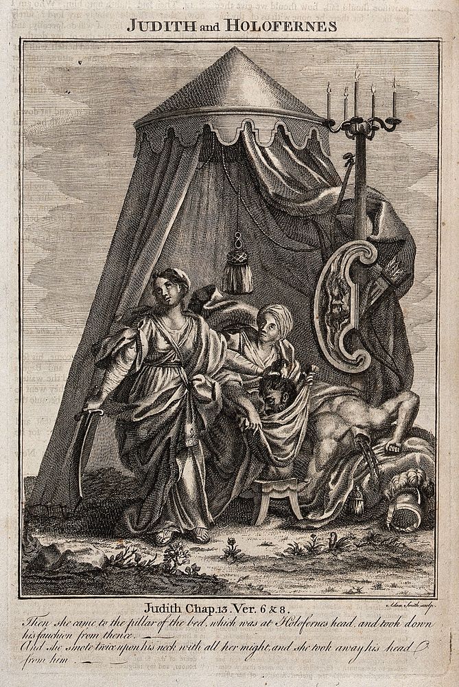 Judith and her maid put the head of Holofernes into a bag. Engraving by A. Smith.