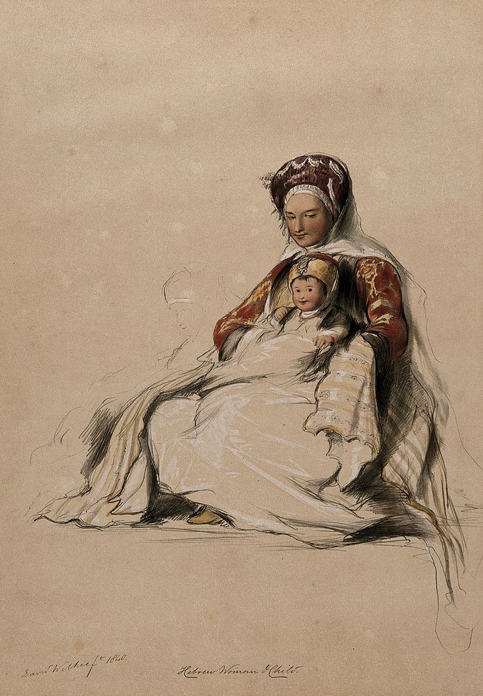 A Jewish woman, seated, holding her infant child. Coloured lithograph by J. Nash, 1843, after D. Wilkie, ca. 1840.