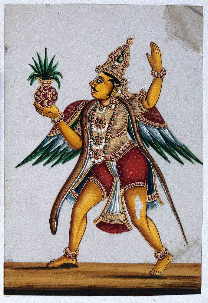 Garuda, Vishnu's vehicle, holding a pot of amrita in his hand. Gouache painting on mica by an Indian artist.