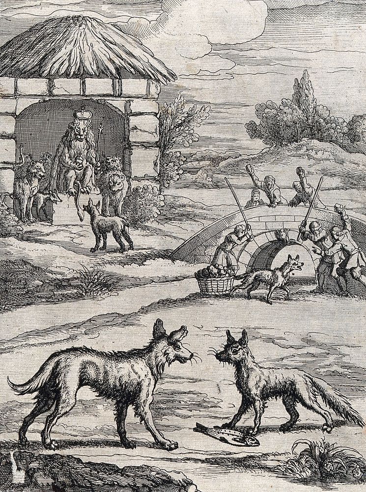 A fox and a dog are facing each other over a dead fish lying on the ground; illustration of a fable. Etching.