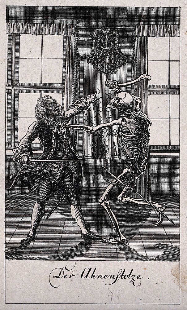 The dance of death: death and the man who prides himself on his ancestry. Etching by D.-N. Chodowiecki, 1791, after himself.