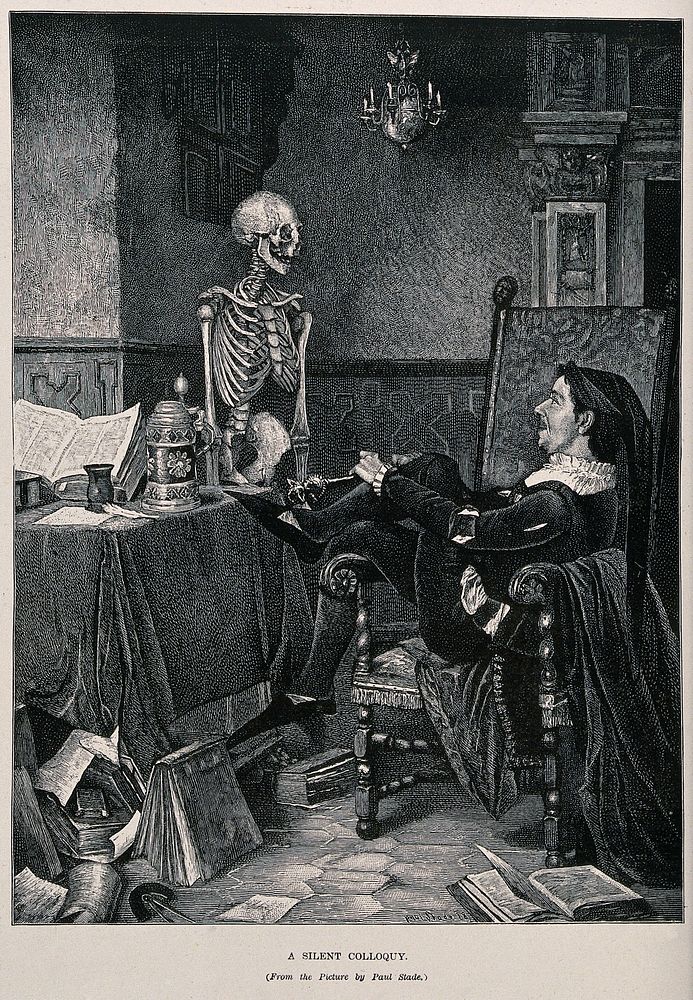 A jester contemplates a skeleton. Wood engraving after Paul Stade, 1884.