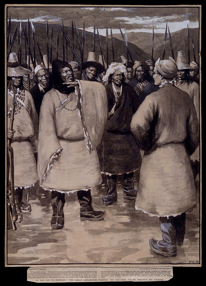 Tibet: Kamba Bombo warns Sven Hedin not to proceed further south towards Lhasa. Drawing by F.C. Dickinson, 1902, after Sven…