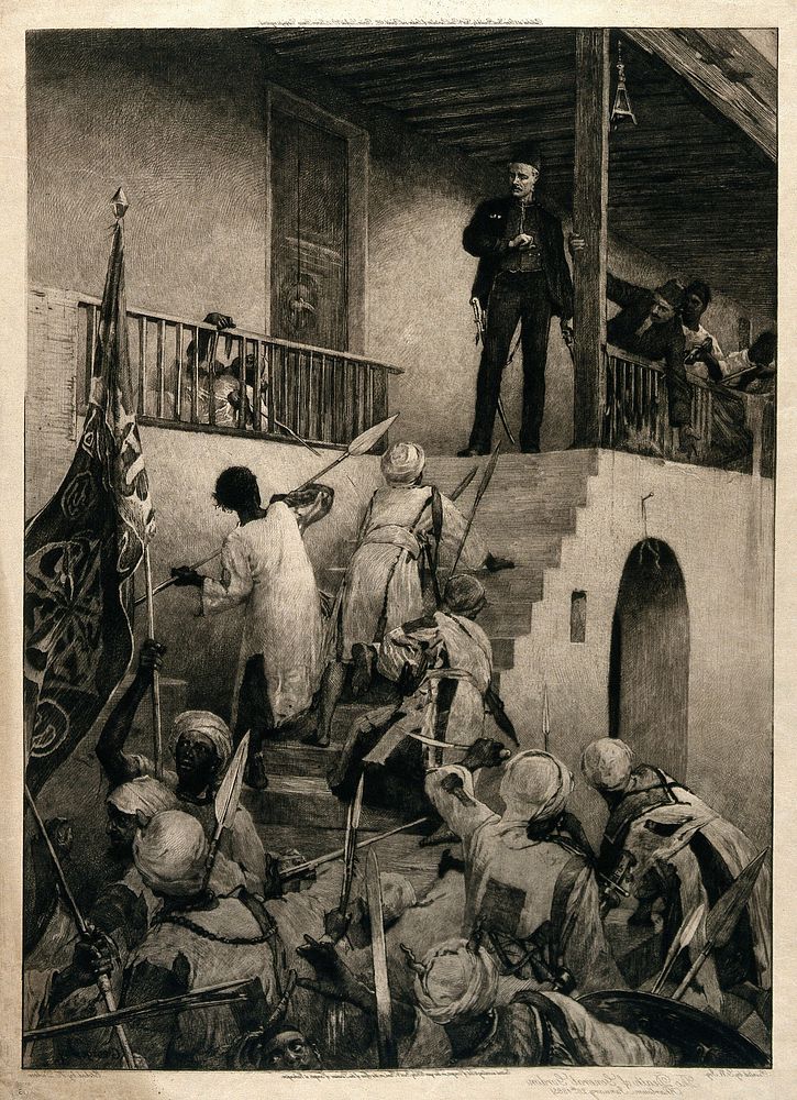 General Gordon standing on the stairs of his house about to be speared by dervishes. Etching by H. Dicksee after G. W. Joy.