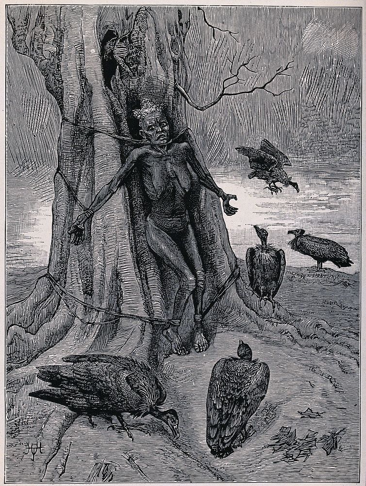 The naked body of a woman is strapped to a tree surrounded by vultures waiting for her impending death. Wood engraving.