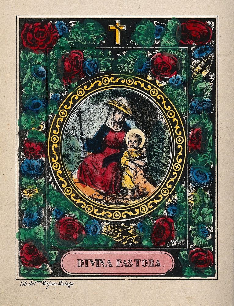 Saint Mary (the Blessed Virgin) as a shepherdess, with the Christ Child. Coloured lithograph by F. Mitjana.