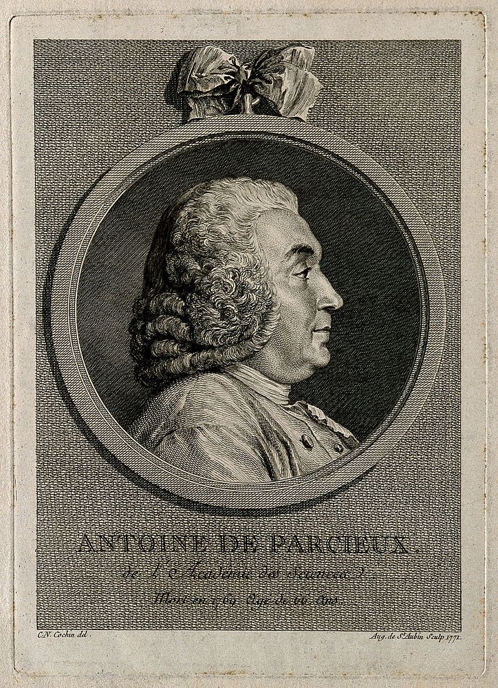 Antoine de Parcieux. Line engraving by A. de Saint Aubin, 1771, after C. N. Cochin.