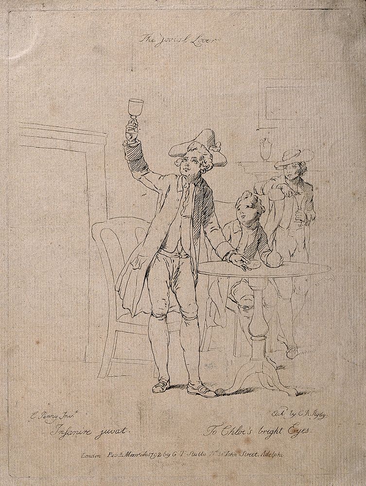 A young man in tricorn hat raises his glass in a toast to his lover. Etching by C. Ryley, c. 1792, after E. Penny.
