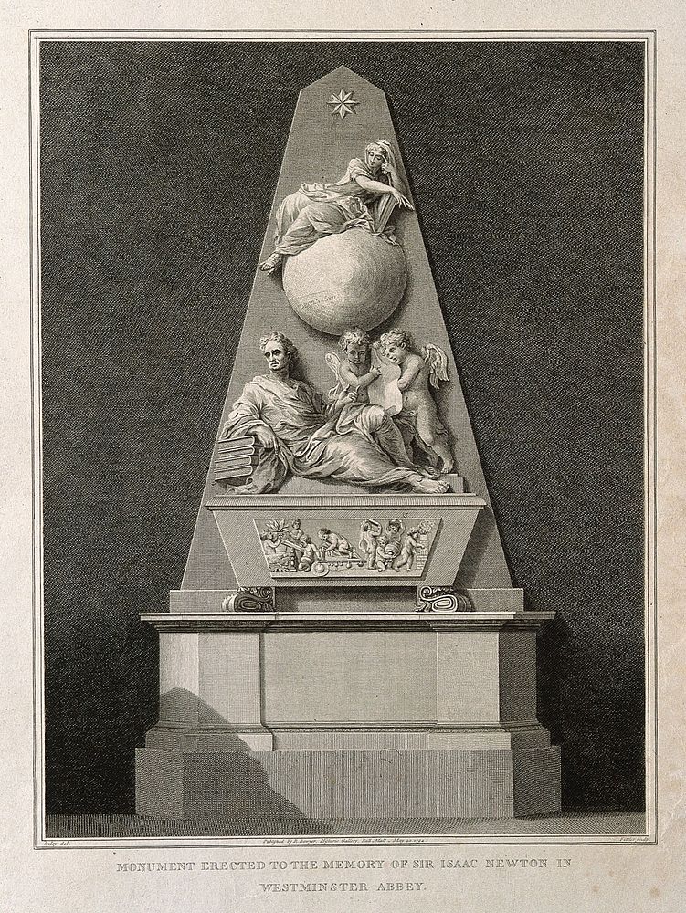Sir Isaac Newton: monument. Line engraving by J. Fittler, 1794, after Riley after W. Kent and M. Rysbrack.