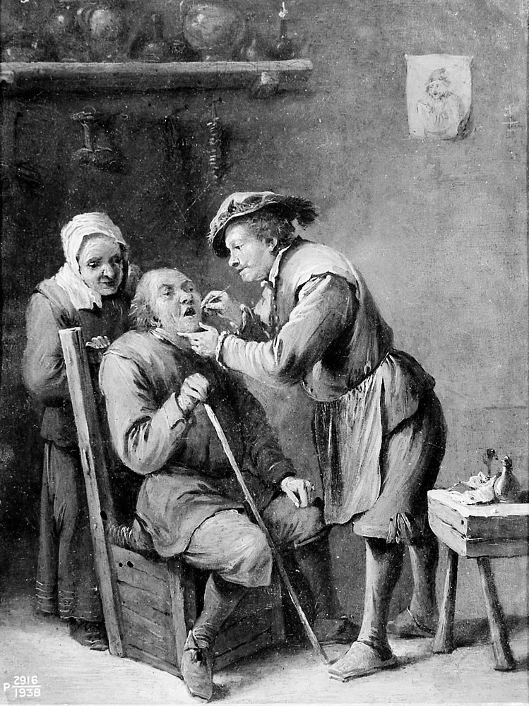 A surgeon treating the teeth of a seated man. Oil painting after David Teniers the younger.
