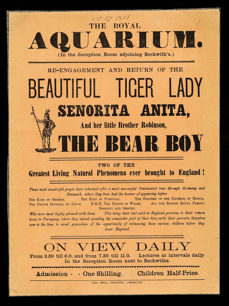 [Handbill on orange paper advertising appearances by Senorita Anita (The Tiger Lady) and her brother, Robinson (The Bear…
