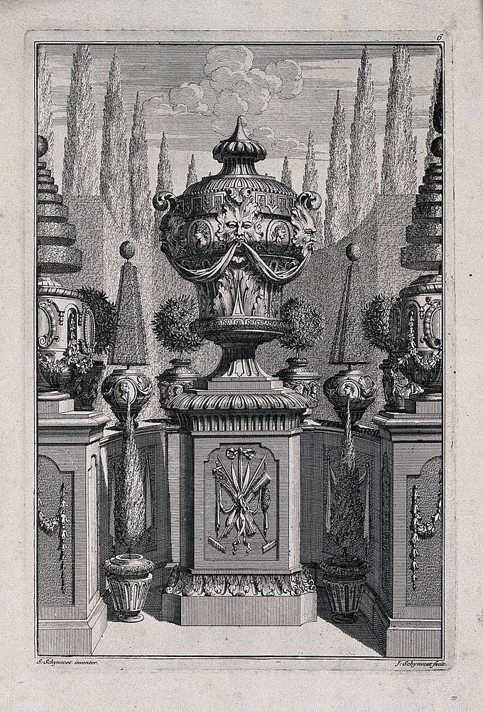 An ornate vase and pedestal with gardening tools carved on the base, in a classical garden. Etching by J. Schynvoet, c.…