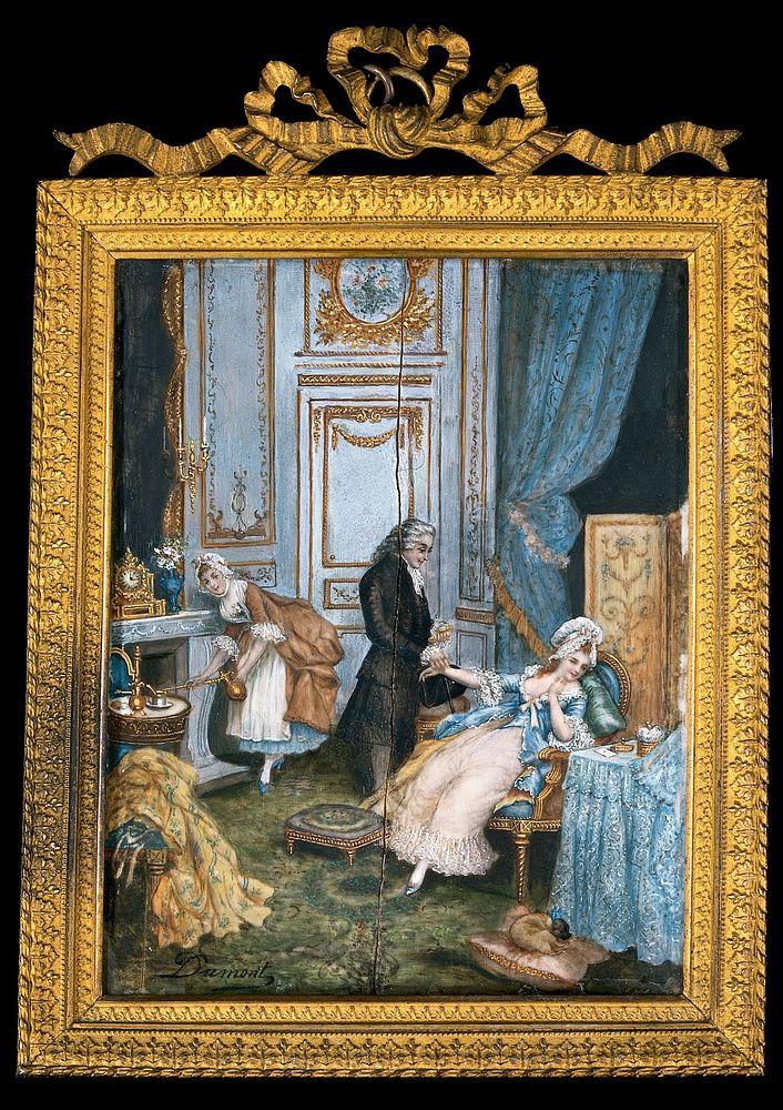 A physician taking a lady's pulse in her boudoir. Gouache by Dumont.