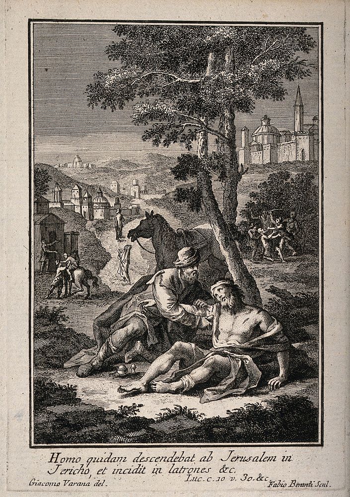 The good Samaritan helping a wounded man: two background scenes of robbing and assault while two figures walk by, set…
