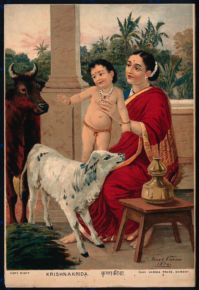 Krishna as an infant on Yasoda's lap playing with a cow and a calf. Chromolithograph by R. Varma, 1896.