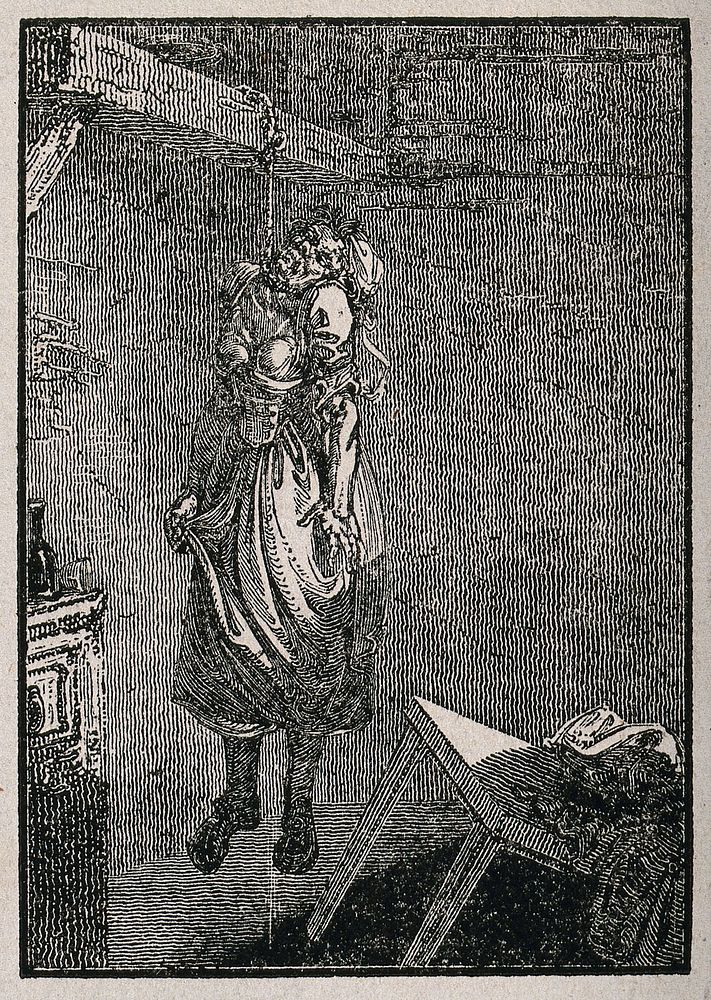 A woman hanging herself on a beam. Wood engraving.