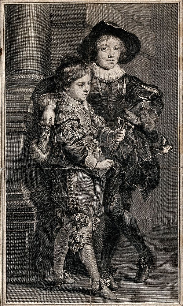 Two boys in aristocratic costume releasing a bird which still has a string attached to its leg. Engraving.