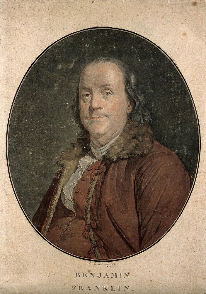 Benjamin Franklin. Colour mezzotint by F. Janinet, 1789, after J. S. Duplessis, 1778.