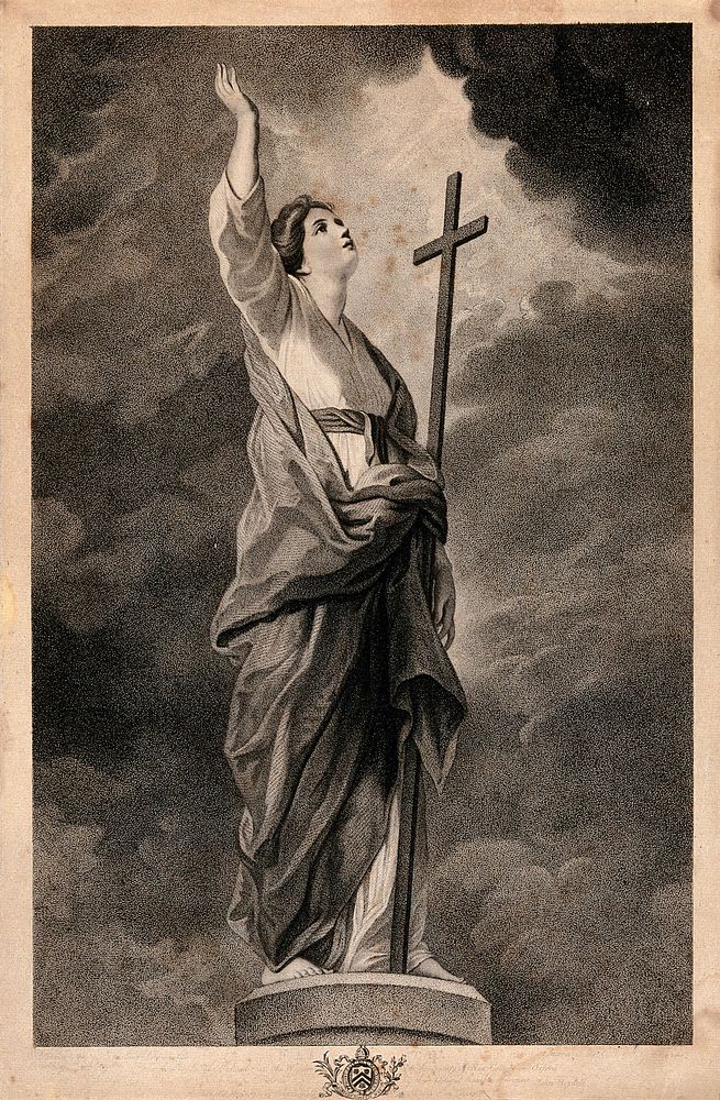 A personification of faith with a cross, standing on a column, looking upwards and raising her right arm. Stipple engraving…