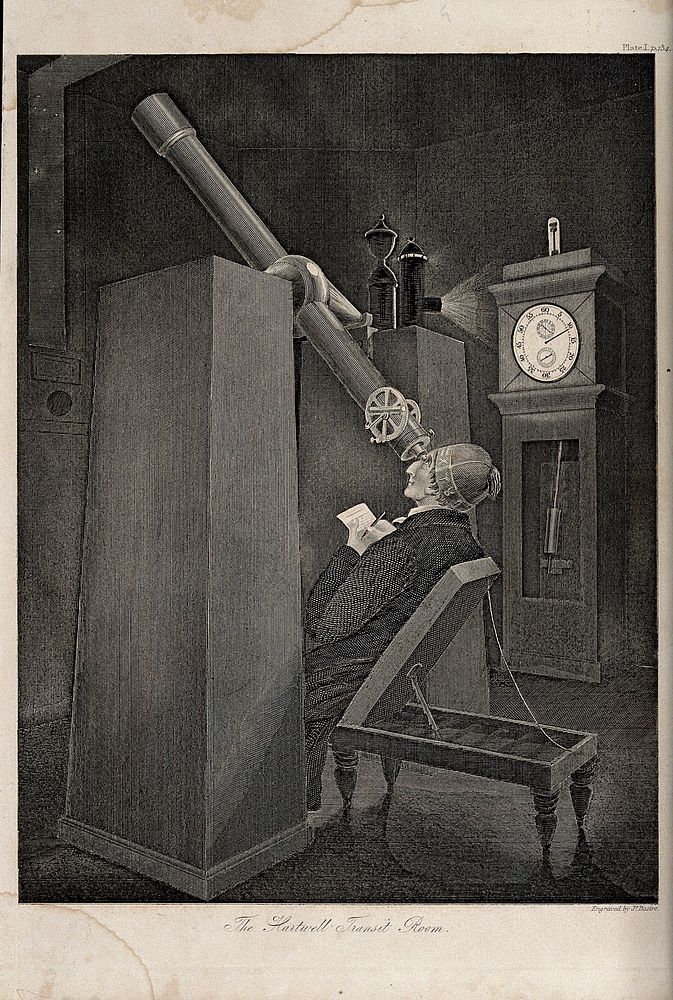 Astronomy: an observatory telescope, with an astronomer recording the transit of Venus. Engraving by James Basire.