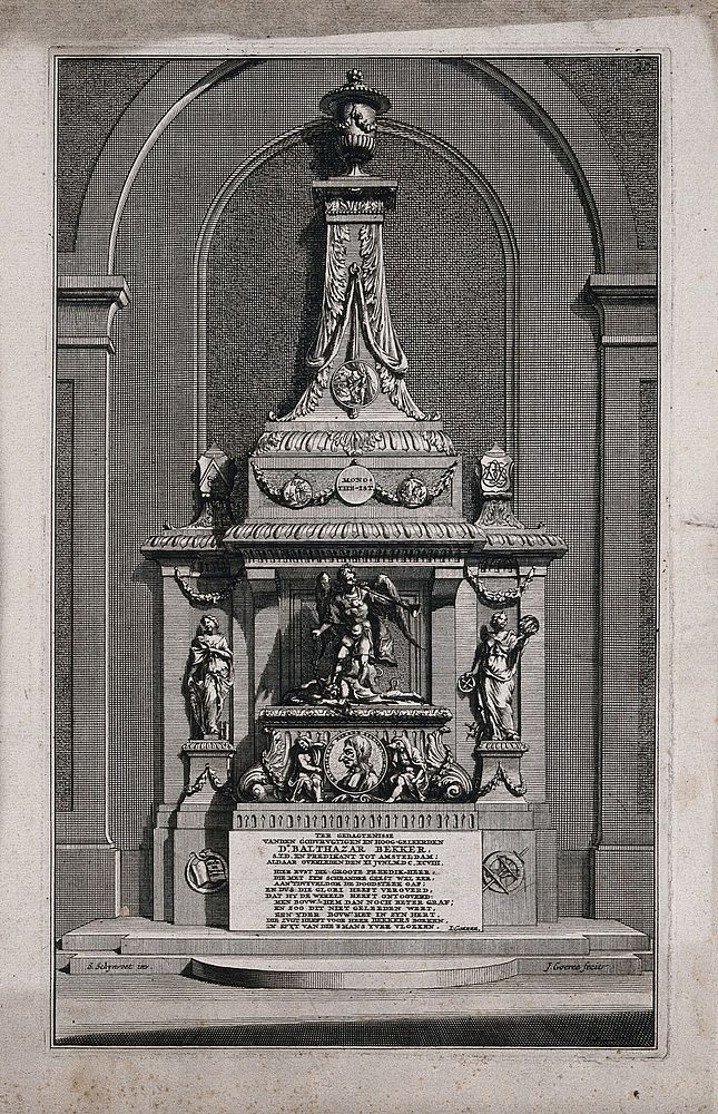 An ornate sepulchre for Balthasar Bekker, adorned with statues, a portrait medallion and an epitaph. Etching with engraving…