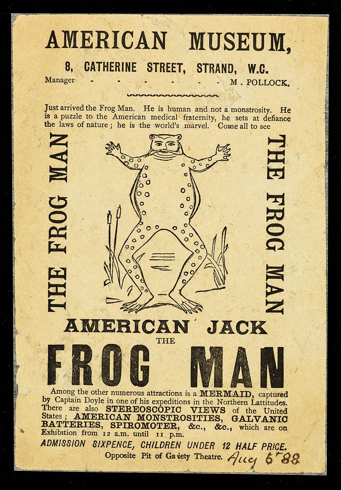 American Jack : the Frog Man... : American Museum, 8 Catherine Street, Strand, W.C. : manager: M. Pollock.