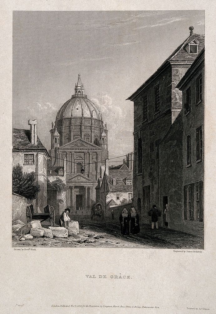 Val-de-Grâce, Paris: nuns walking in the front of the hospital. Engraving by J. Redaway, 1820, after F. Nash.