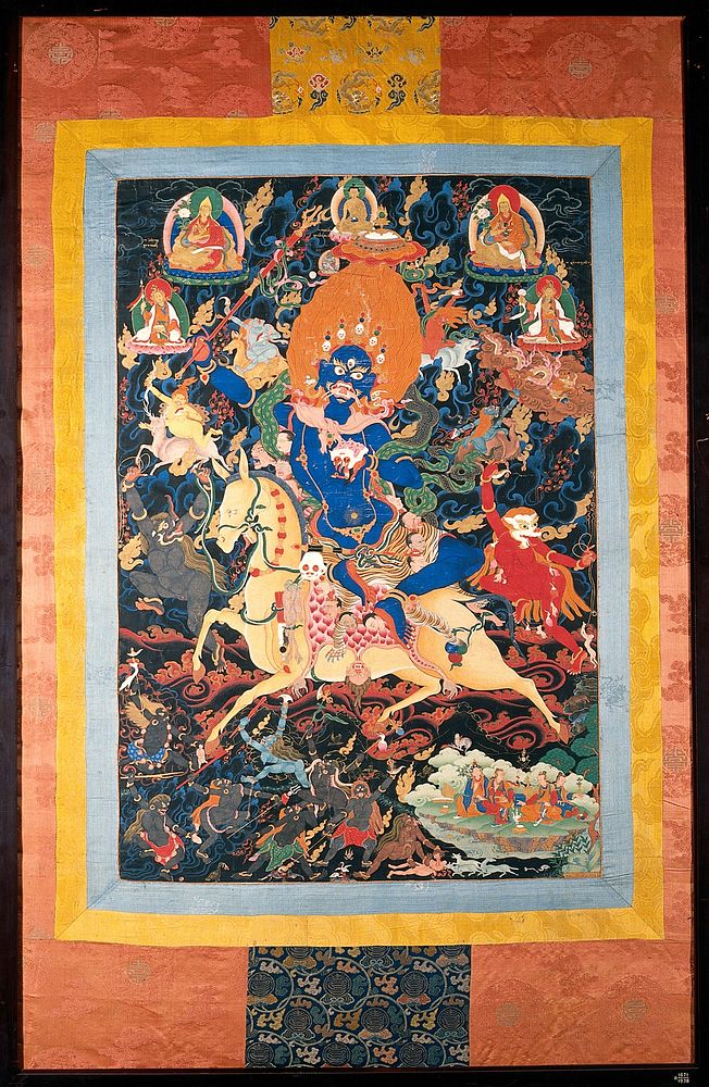 Dpal-Idan Lha-mo (Magzor Palden Lhamo, or Shri Devi), a Tibetan demon goddess riding on a mule. Distemper painting.