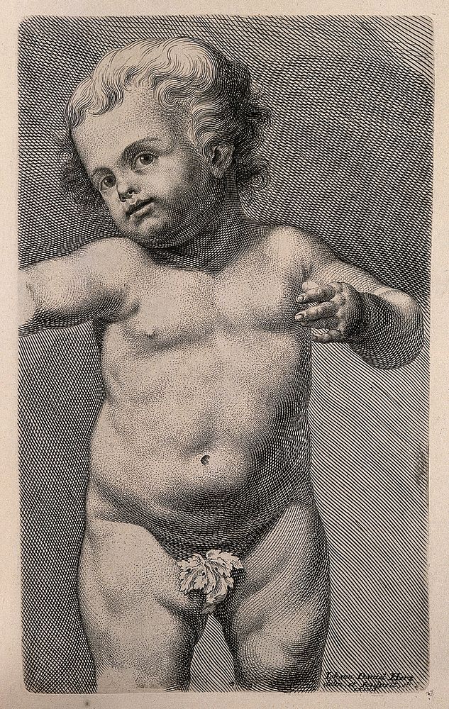A naked child. Engraving by J.D. Herz after himself, c. 1732.
