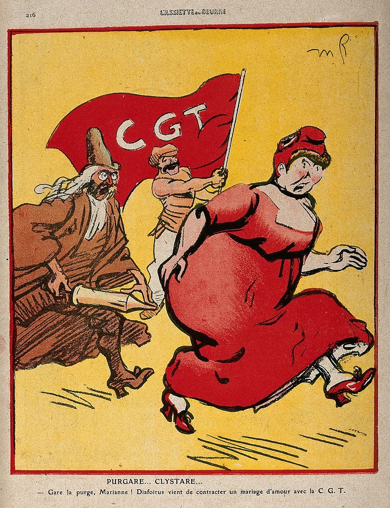 Marianne wearing a Phrygian hat is being chased by a doctor holding an enema and a trade-unionist holding a flag. Colour…