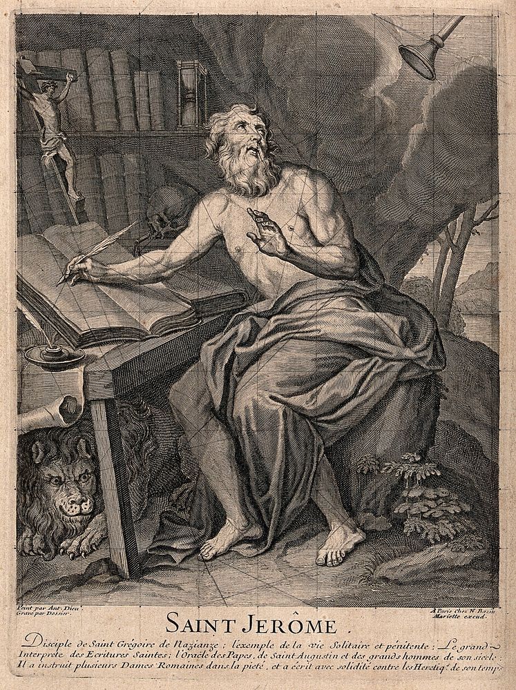 Saint Jerome. Line engraving by M. Dossier after A. Dieu.