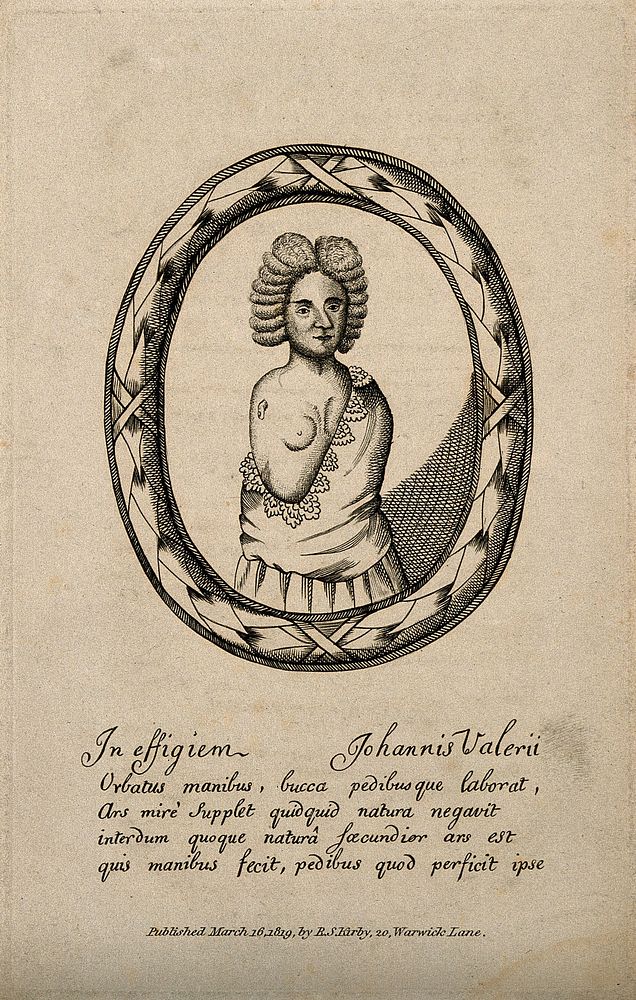 Johannes Valerius, a man born without hands or arms. Engraving, 1819.